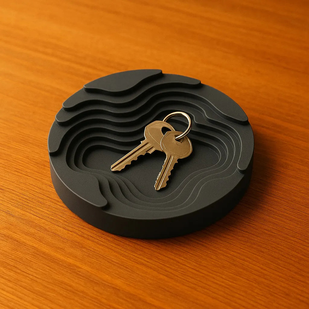 3D printed topography tray with keys on wooden surface