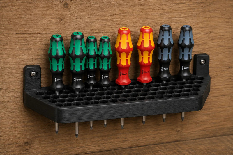 3D printed wall-mount screwdriver holder with multiple screwdrivers
